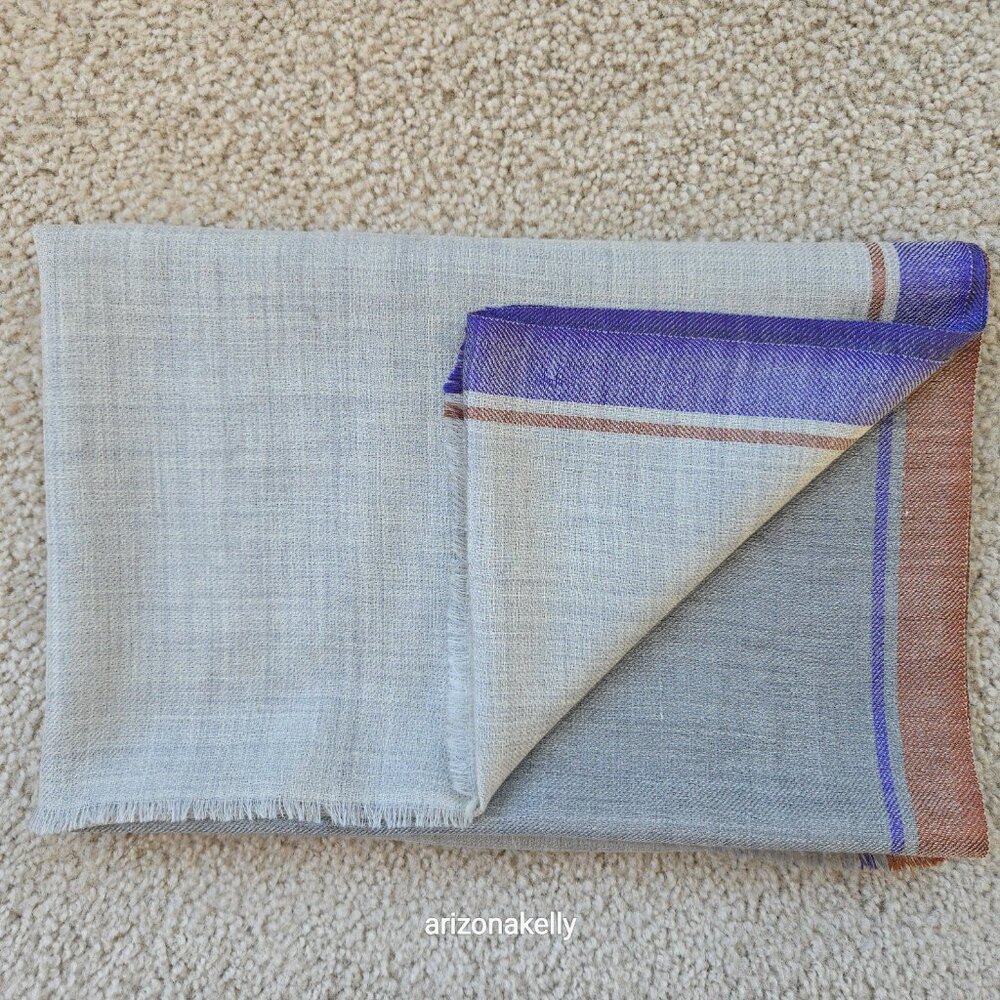 NWOT Cashmere Scarf Lightweight Weave Grey with Purple and Burnt Sienna Stripe - Picture 9 of 9